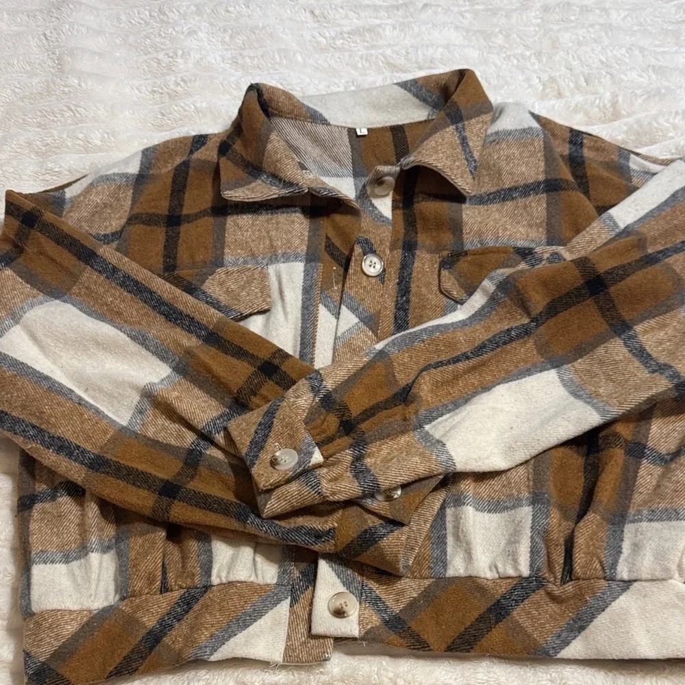 Plaid Brown and White Women's Jacket - Picture 3 of 6